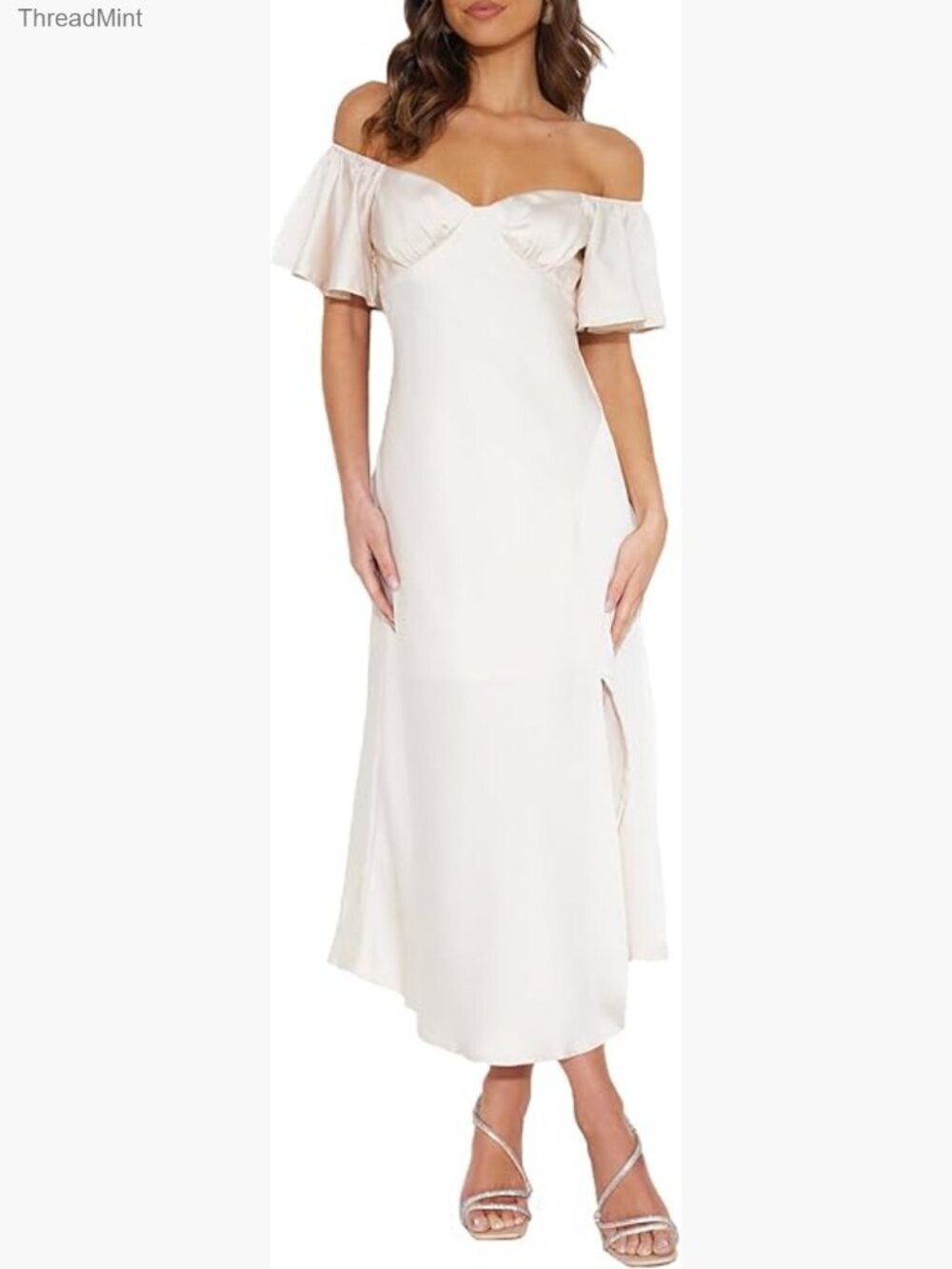 Satin Off Shoulder Midi Dress with Butterfly Sleeves and Side Slit